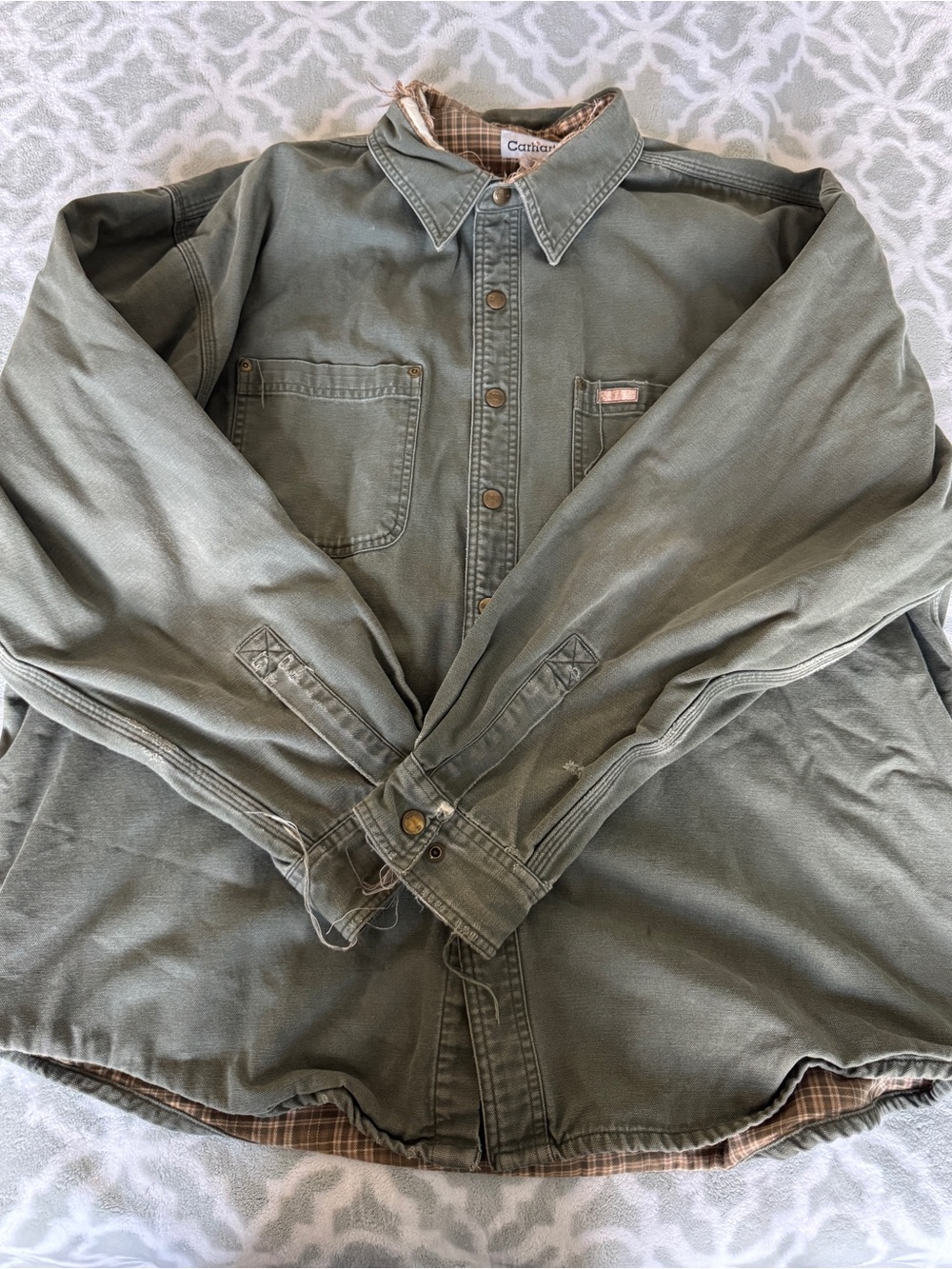 Carhartt Olive Green Canvas Field Jacket with Plaid Lining